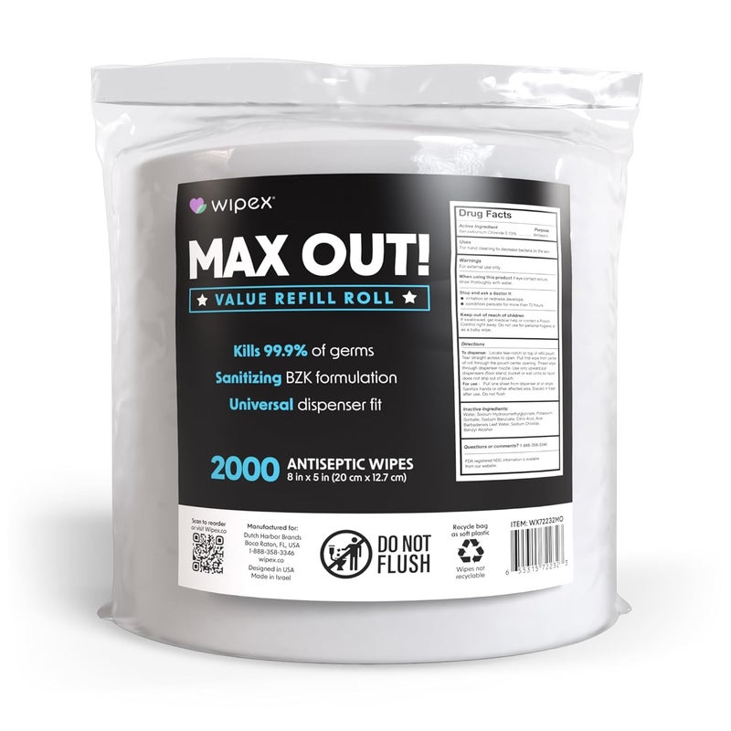 Wipex Max Out Sanitizing Wipes for Gyms - 2000 Wipes Economy Size Refill Rolls for Dispensers, 5"x8" - Ideal for High Volume Commercial Wellness Centers, Schools, Public Facilities & Studios - Image 1